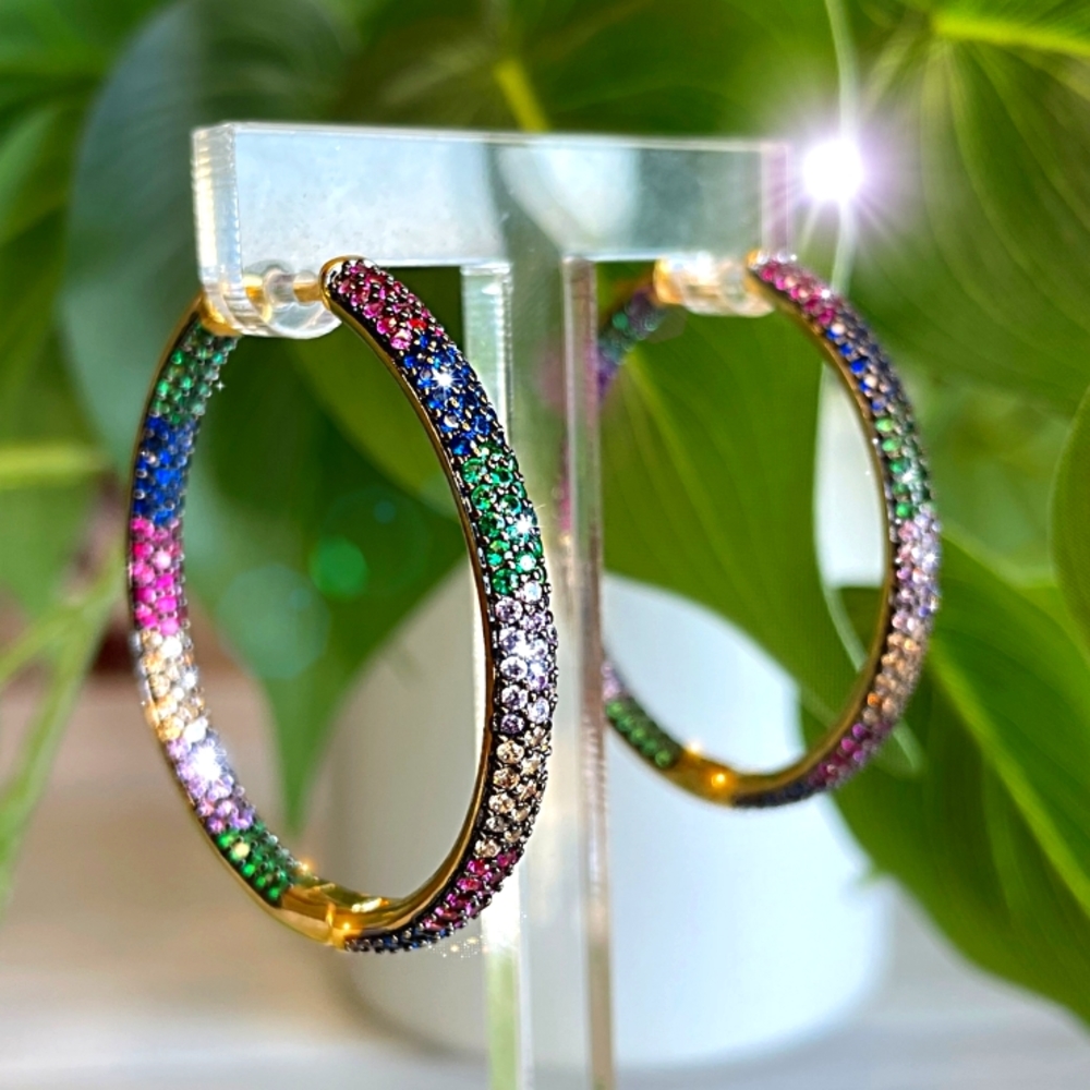 💎Multi color Lab Sapphire 18KT hoops💎 - Picture 3 of 3